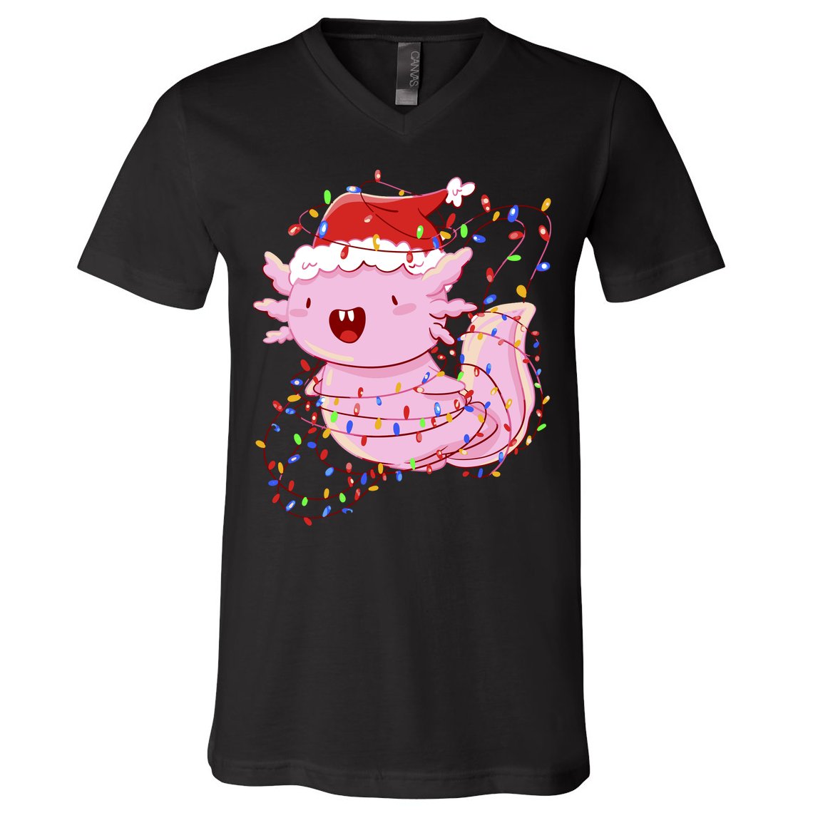 Cute Axolotl Tangled In Christmas Lights Santa Hat V-Neck T-Shirt