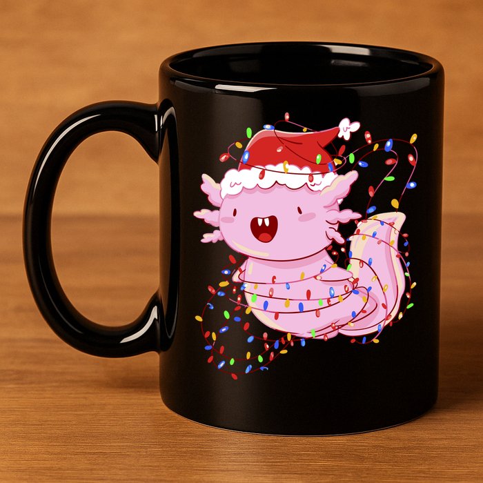 Cute Axolotl Tangled In Christmas Lights Santa Hat 11oz C Handle Ceramic Mug