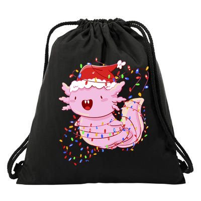 Cute Axolotl Tangled In Christmas Lights Santa Hat Drawstring Bag