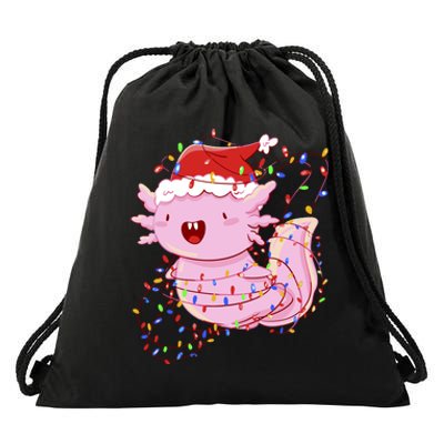 Cute Axolotl Tangled In Christmas Lights Santa Hat Drawstring Bag