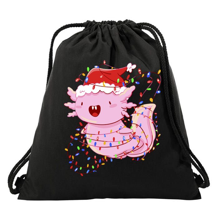 Cute Axolotl Tangled In Christmas Lights Santa Hat Drawstring Bag