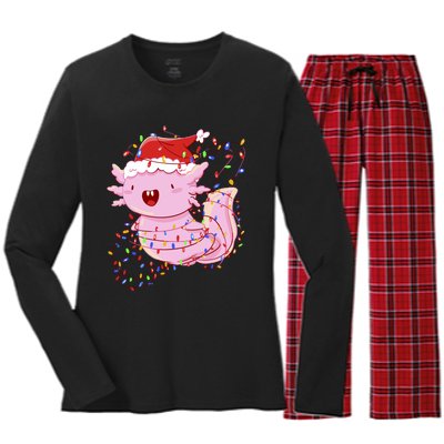 Cute Axolotl Tangled In Christmas Lights Santa Hat Women's Long Sleeve Flannel Pajama Set 