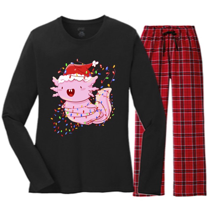 Cute Axolotl Tangled In Christmas Lights Santa Hat Women's Long Sleeve Flannel Pajama Set 