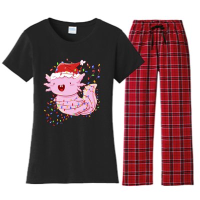 Cute Axolotl Tangled In Christmas Lights Santa Hat Women's Flannel Pajama Set