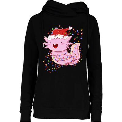 Cute Axolotl Tangled In Christmas Lights Santa Hat Womens Funnel Neck Pullover Hood