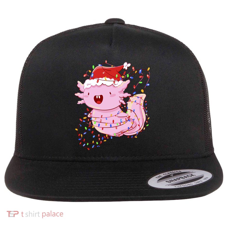Cute Axolotl Tangled In Christmas Lights Santa Hat Flatbill Hat