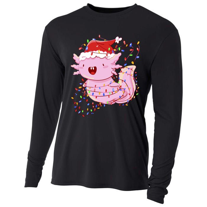 Cute Axolotl Tangled In Christmas Lights Santa Hat Cooling Performance Long Sleeve Crew