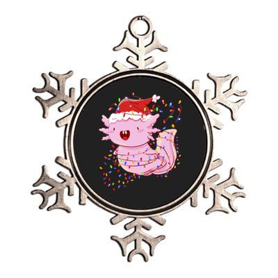 Cute Axolotl Tangled In Christmas Lights Santa Hat Metallic Star Ornament