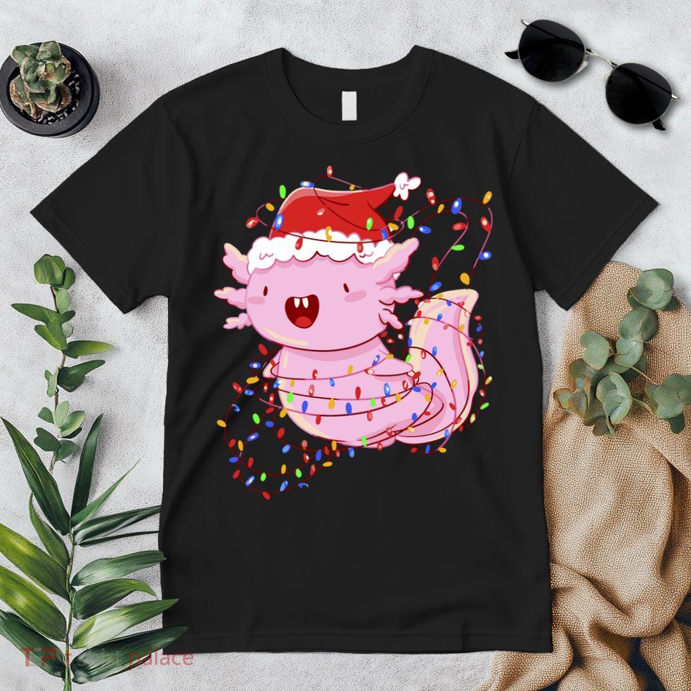 Cute Axolotl Tangled In Christmas Lights Santa Hat Premium T-Shirt