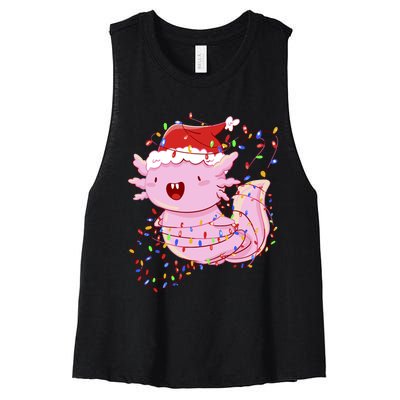 Cute Axolotl Tangled In Christmas Lights Santa Hat Women's Racerback Cropped Tank