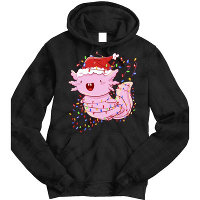 Cute Axolotl Tangled In Christmas Lights Santa Hat Tie Dye Hoodie
