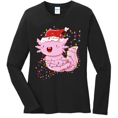 Cute Axolotl Tangled In Christmas Lights Santa Hat Ladies Long Sleeve Shirt