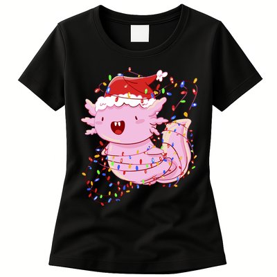 Cute Axolotl Tangled In Christmas Lights Santa Hat Womens T-Shirt