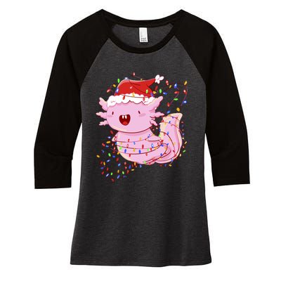 Cute Axolotl Tangled In Christmas Lights Santa Hat Women's Tri-Blend 3/4-Sleeve Raglan Shirt