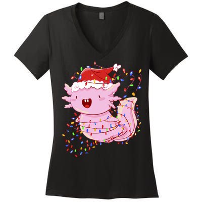 Cute Axolotl Tangled In Christmas Lights Santa Hat Women's V-Neck T-Shirt