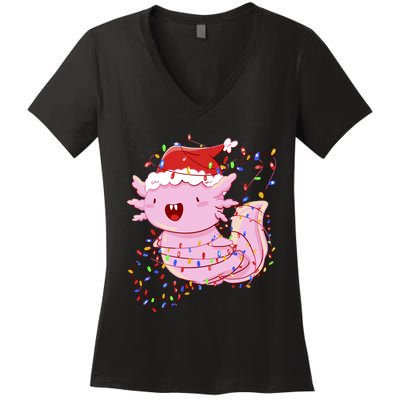 Cute Axolotl Tangled In Christmas Lights Santa Hat Women's V-Neck T-Shirt