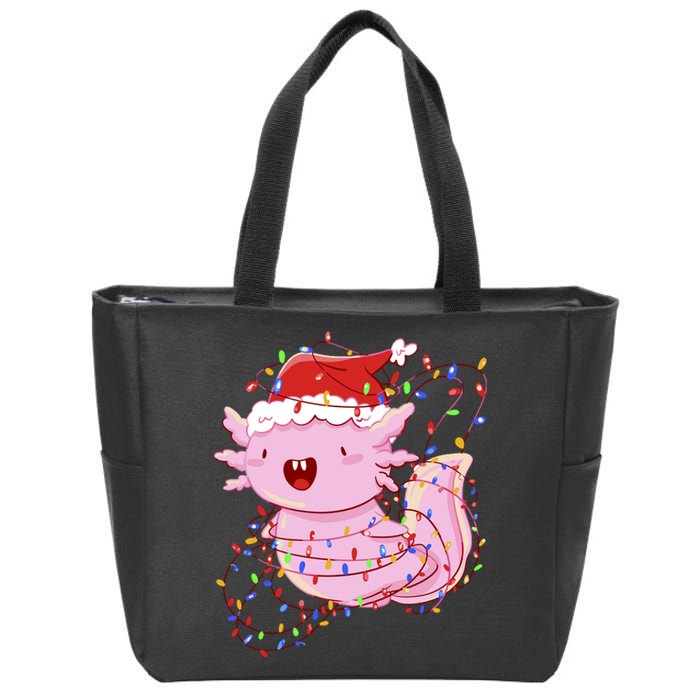 Cute Axolotl Tangled In Christmas Lights Santa Hat Zip Tote Bag