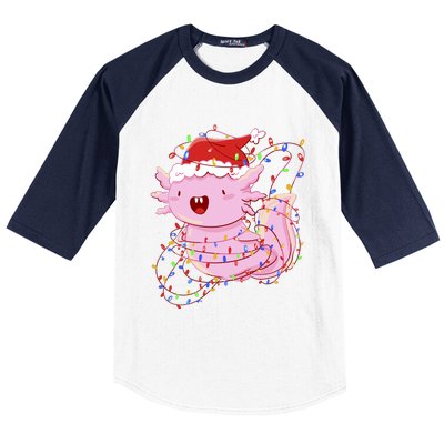 Cute Axolotl Tangled In Christmas Lights Santa Hat Baseball Sleeve Shirt