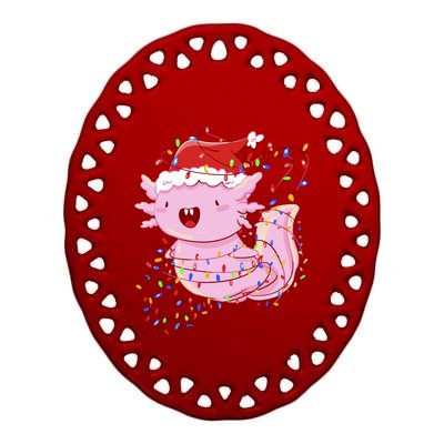 Cute Axolotl Tangled In Christmas Lights Santa Hat Ceramic Oval Ornament