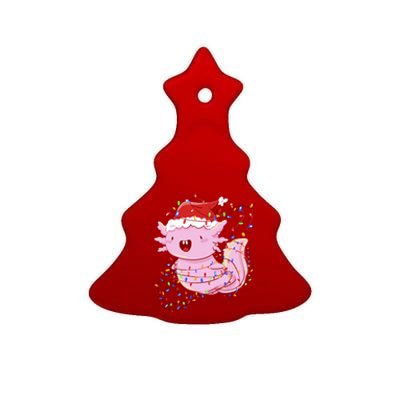 Cute Axolotl Tangled In Christmas Lights Santa Hat Ceramic Tree Ornament