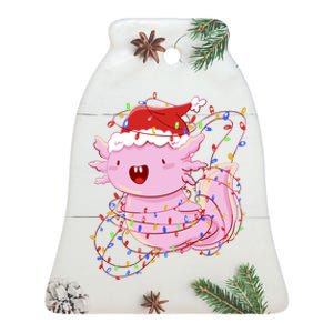 Cute Axolotl Tangled In Christmas Lights Santa Hat Ceramic Bell Ornament