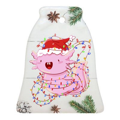 Cute Axolotl Tangled In Christmas Lights Santa Hat Ceramic Bell Ornament