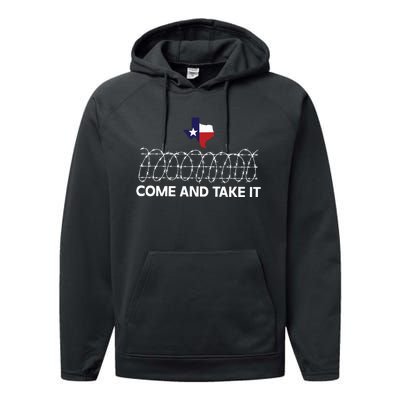 Come And Take It Razor Wire Barbed Wire Border Texas Border Performance Fleece Hoodie