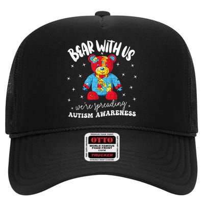 Cute Autism Teddy Bear Autism Awareness Month Puzzle High Crown Mesh Back Trucker Hat