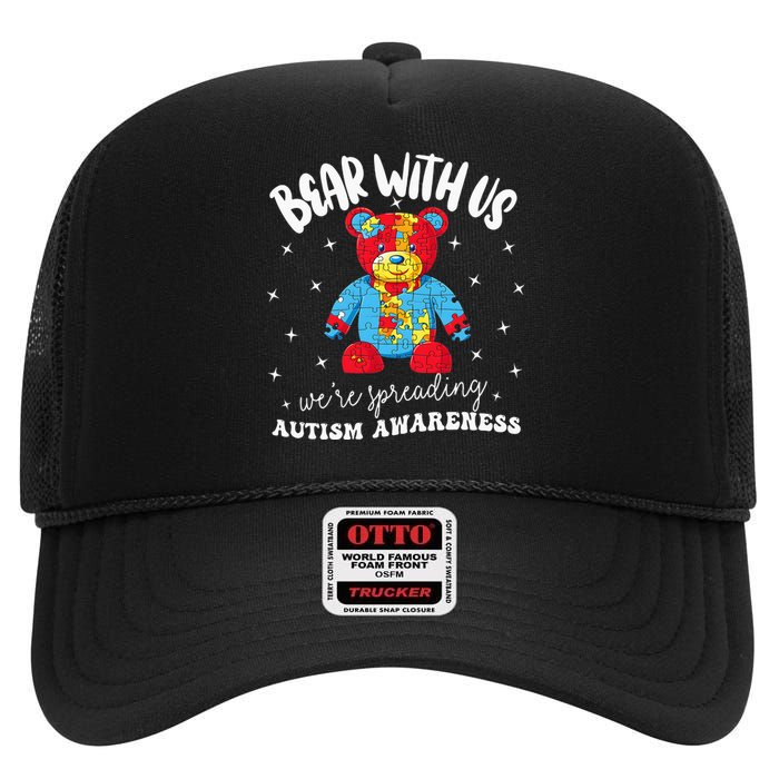 Cute Autism Teddy Bear Autism Awareness Month Puzzle High Crown Mesh Back Trucker Hat