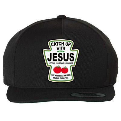 Catch Up With Jesus Funny Ketchup Faith Wool Snapback Cap