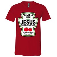 Catch Up With Jesus Funny Ketchup Faith V-Neck T-Shirt