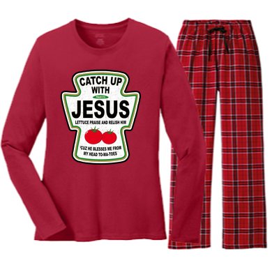 Catch Up With Jesus Funny Ketchup Faith Women's Long Sleeve Flannel Pajama Set 