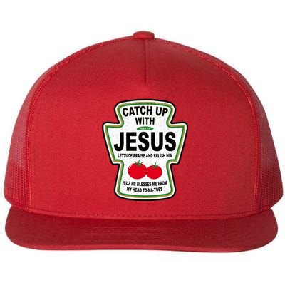 Catch Up With Jesus Funny Ketchup Faith Flat Bill Trucker Hat