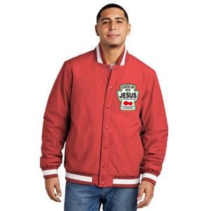 Catch Up With Jesus Funny Ketchup Faith Insulated Varsity Jacket