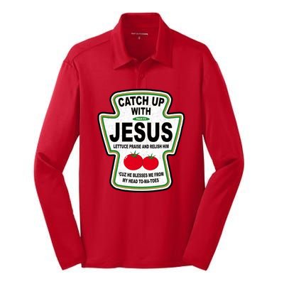 Catch Up With Jesus Funny Ketchup Faith Silk Touch Performance Long Sleeve Polo