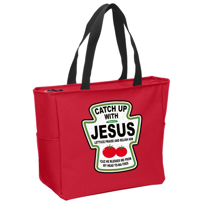 Catch Up With Jesus Funny Ketchup Faith Zip Tote Bag