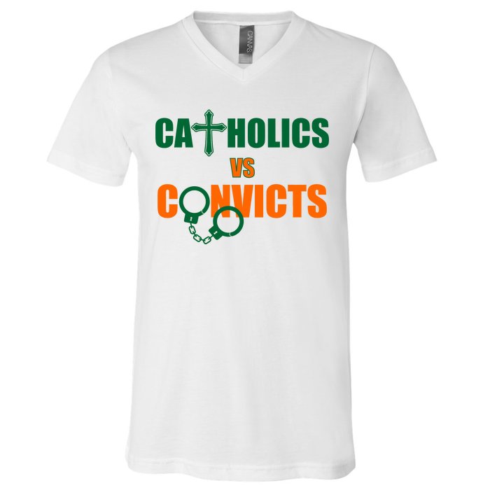 Catholics Vs. Convicts 1988 Cross and Handcuffs V-Neck T-Shirt