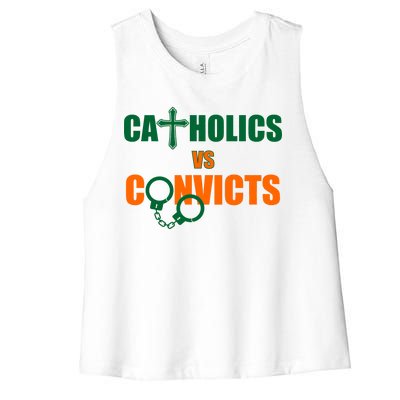 Catholics Vs. Convicts 1988 Cross and Handcuffs Women's Racerback Cropped Tank