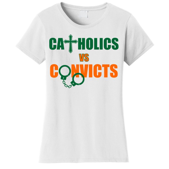 Catholics Vs. Convicts 1988 Cross and Handcuffs Women's T-Shirt