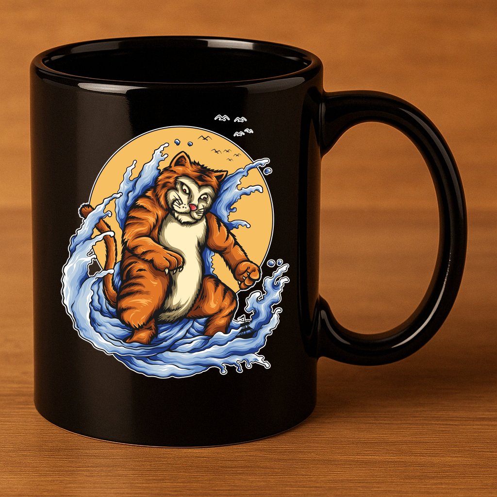 Catzilla Great Wave 11oz C Handle Ceramic Mug