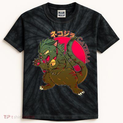 Catzilla Japanese Monster Movie Kids Tie-Dye T-Shirt