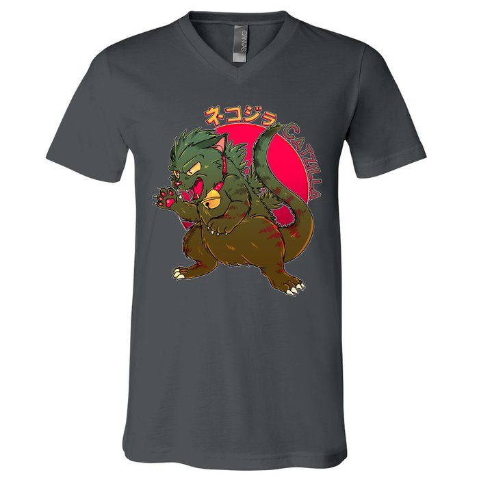 Catzilla Japanese Monster Movie V-Neck T-Shirt