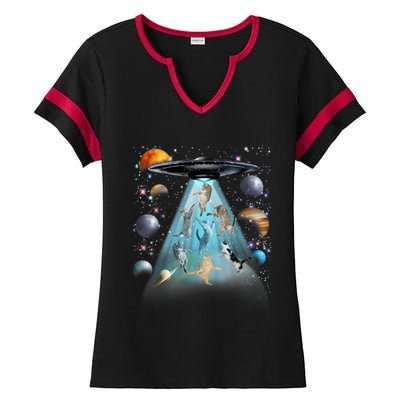 Cat Alien Ufo Gifts Space Cat Galaxy Cat Funny For Cat Dad Cat Mom Cat Lover Ladies Halftime Notch Neck Tee