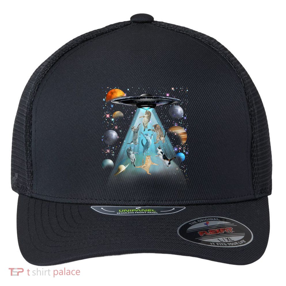 Cat Alien Ufo Gifts Space Cat Galaxy Cat Funny For Cat Dad Cat Mom Cat Lover Flexfit Unipanel Trucker Cap