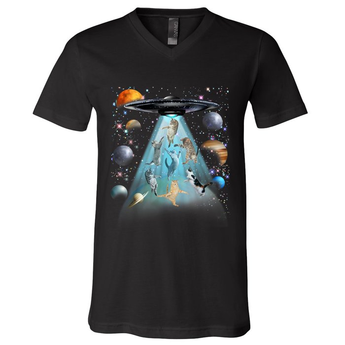 Cat Alien Ufo Gifts Space Cat Galaxy Cat Funny For Cat Dad Cat Mom Cat Lover V-Neck T-Shirt