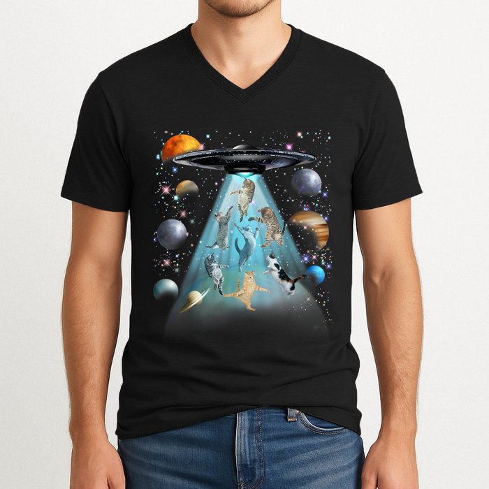 Cat Alien Ufo Gifts Space Cat Galaxy Cat Funny For Cat Dad Cat Mom Cat Lover V-Neck T-Shirt