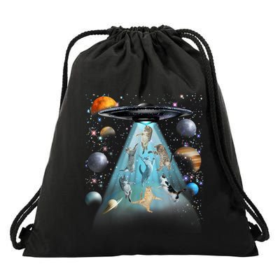 Cat Alien Ufo Gifts Space Cat Galaxy Cat Funny For Cat Dad Cat Mom Cat Lover Drawstring Bag
