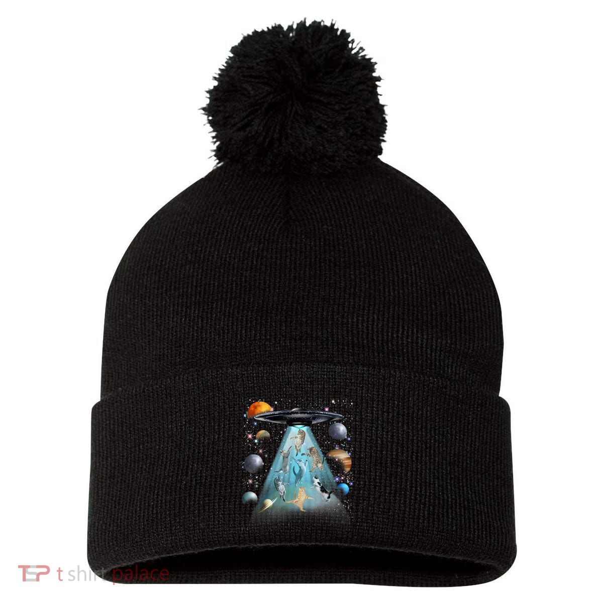Cat Alien Ufo Gifts Space Cat Galaxy Cat Funny For Cat Dad Cat Mom Cat Lover Pom Pom 12in Knit Beanie