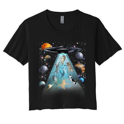 Cat Alien Ufo Gifts Space Cat Galaxy Cat Funny For Cat Dad Cat Mom Cat Lover Women's Crop Top Tee