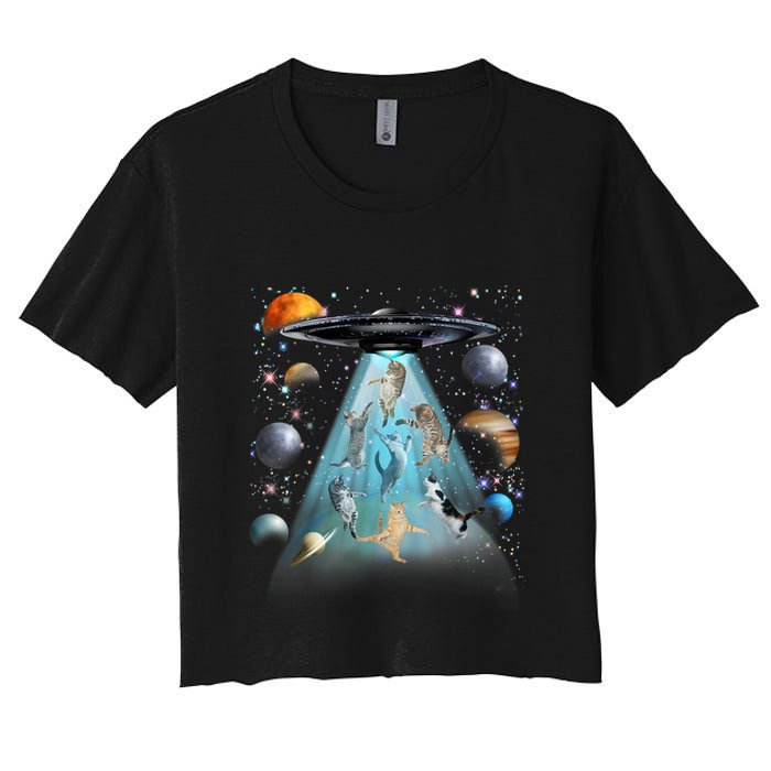Cat Alien Ufo Gifts Space Cat Galaxy Cat Funny For Cat Dad Cat Mom Cat Lover Women's Crop Top Tee